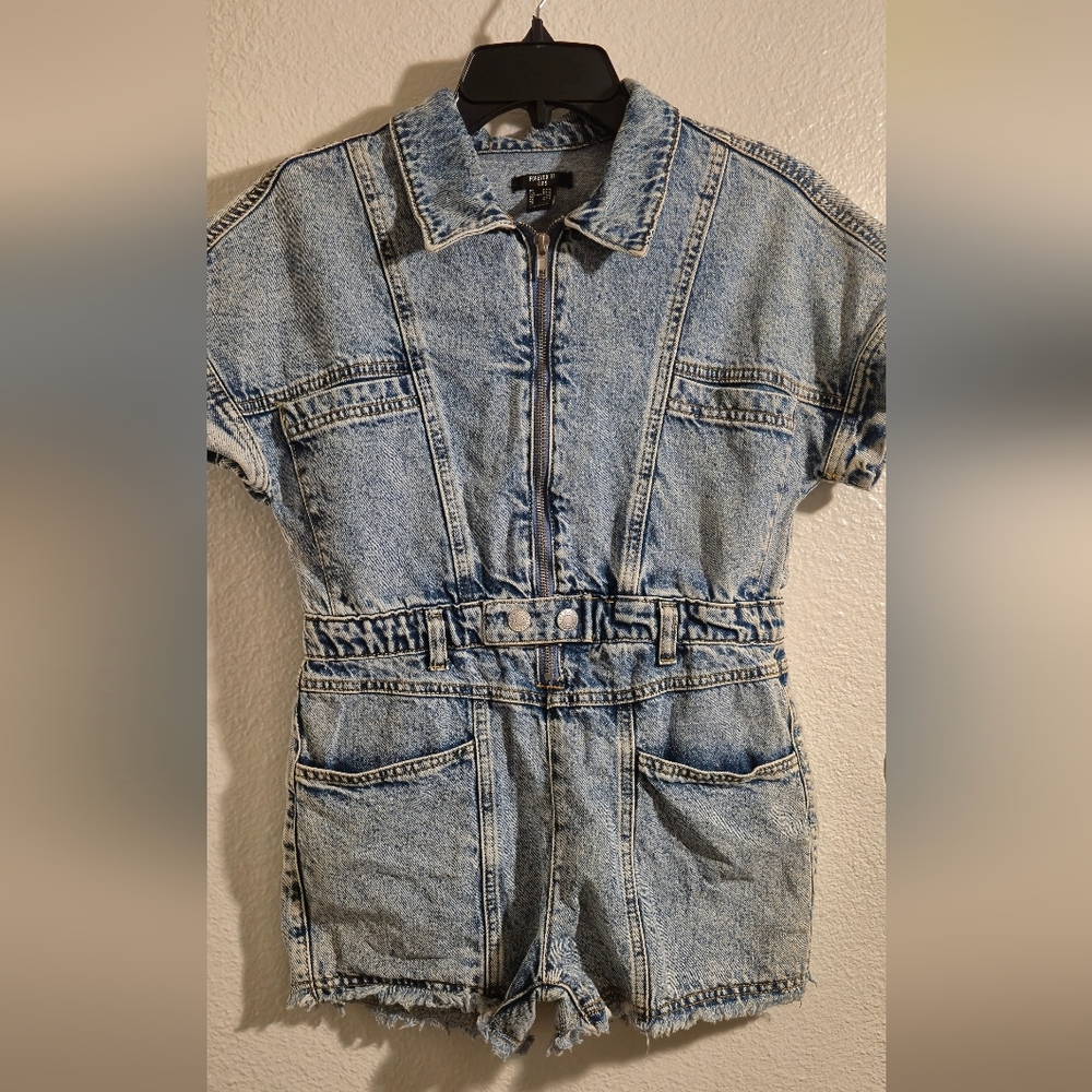 Forever 21 Kids Girls Sz 13/14 XL Bleached Wash Blue Denim 1 Pc Short Jumpsuit